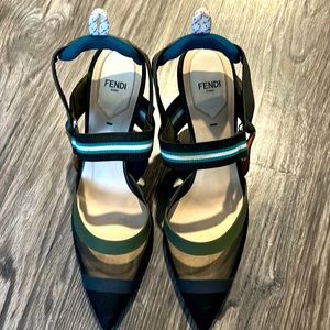 Fendi Colibri kitten heels, size 40 army green/black mesh barely worn